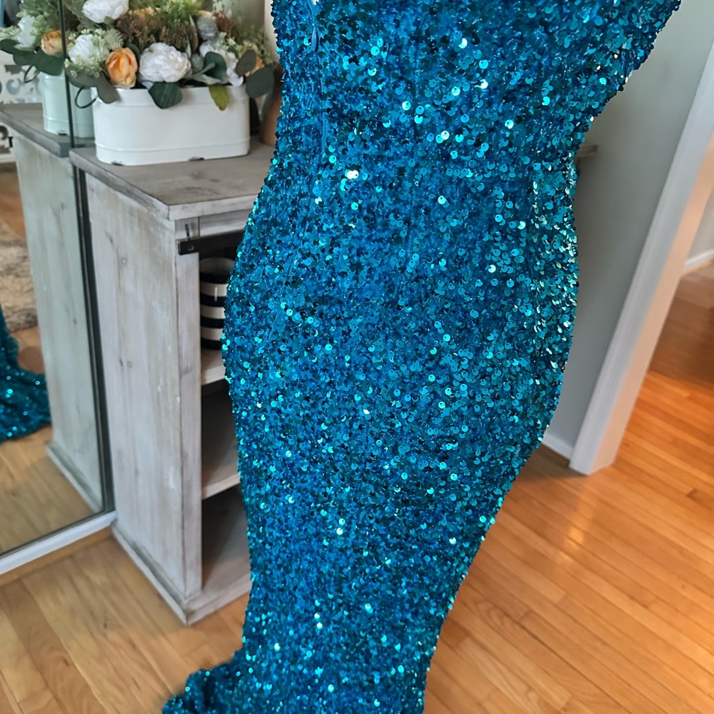 Strapless Mermaid Sequin Prom Dress - Aqua - Picture 9 of 10
